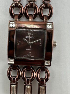 Kessaris Watch Women Brown Rhinestone Accents Square Dial New Battery 7.25"